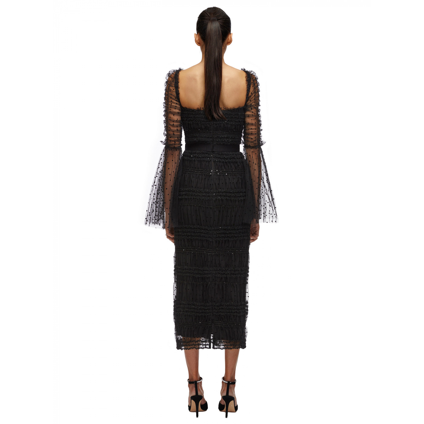 K729Black transparent mesh trumpet sleeve square neck waist dress elegant temperament evening dress