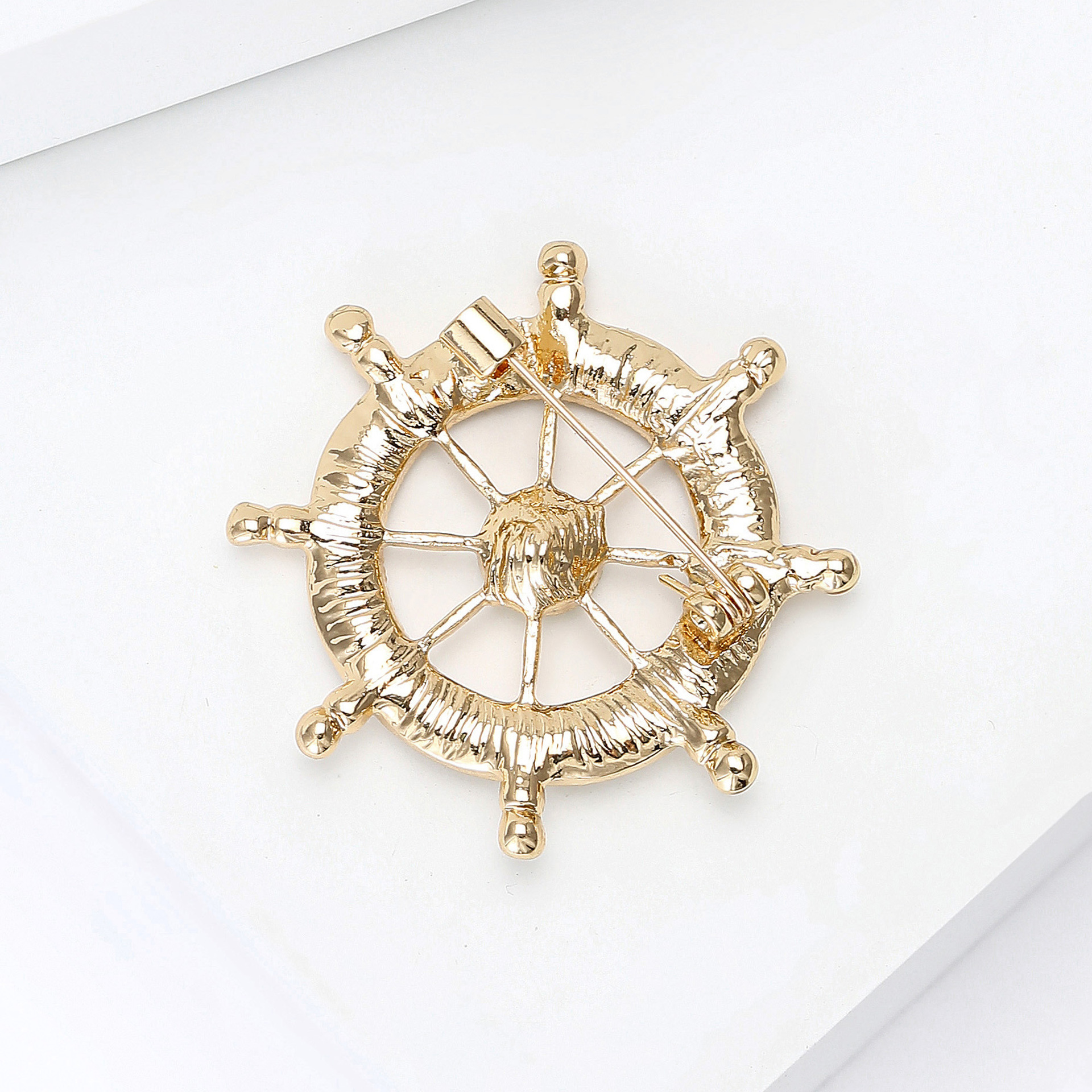 Gold Tone Rhinestone - Encrusted Ship Wheel Brooch Nautical Style Jewelry And Gift For Him/Her High Quality And Stylish Jewelry