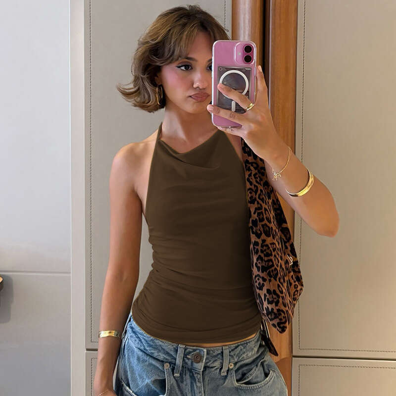 Ytp700 Women's Spring Summer New Solid Color Sexy Backless Mesh Halter Top B5