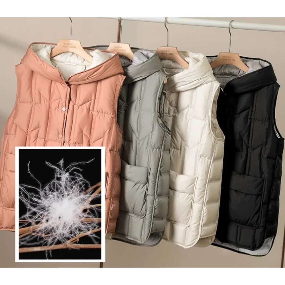 Designer Clothing 2025 Janveny 2025 New Fashion Hooded Down Sleeveless Vest Women Lightweight Seamless White Duck Feather Puffer Short Waistcoat