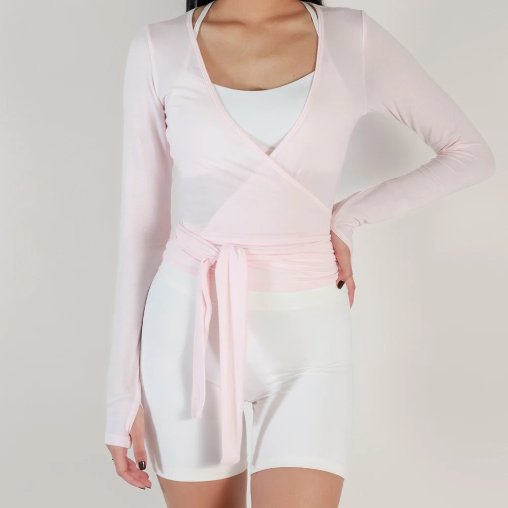 Women Sexy Wrap Crop Tops Tees Long Sleeve Deep V Neck Tie Workout Ballet Pilates Yoga TShirts with Thumb Holes Cropped Tops 250729