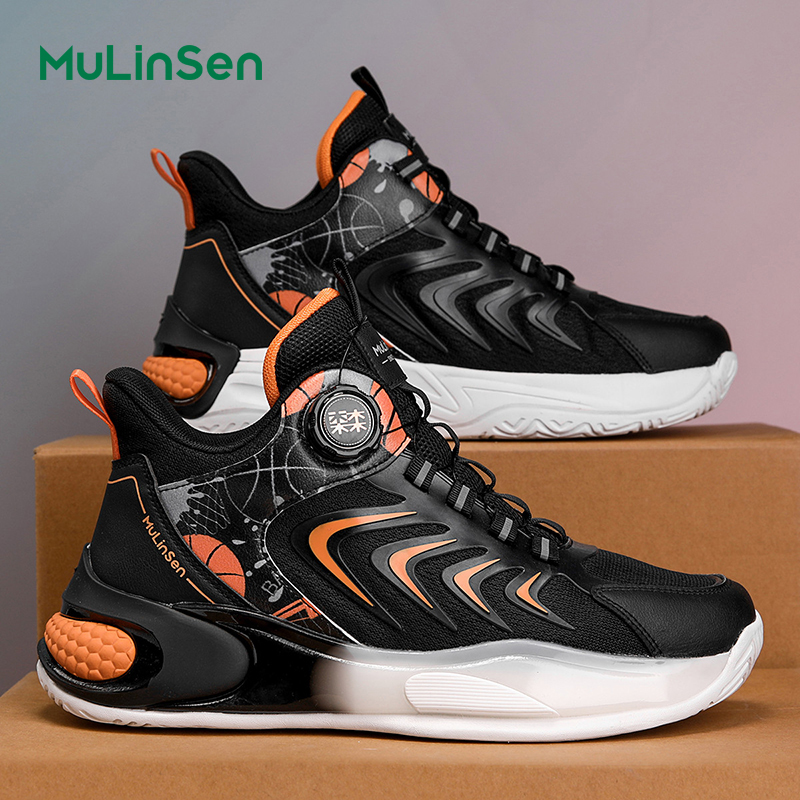 Mulinsen men's shoes rotating button summer mesh breathable running shoes youth shock absorption air cushion basketball sports shoes