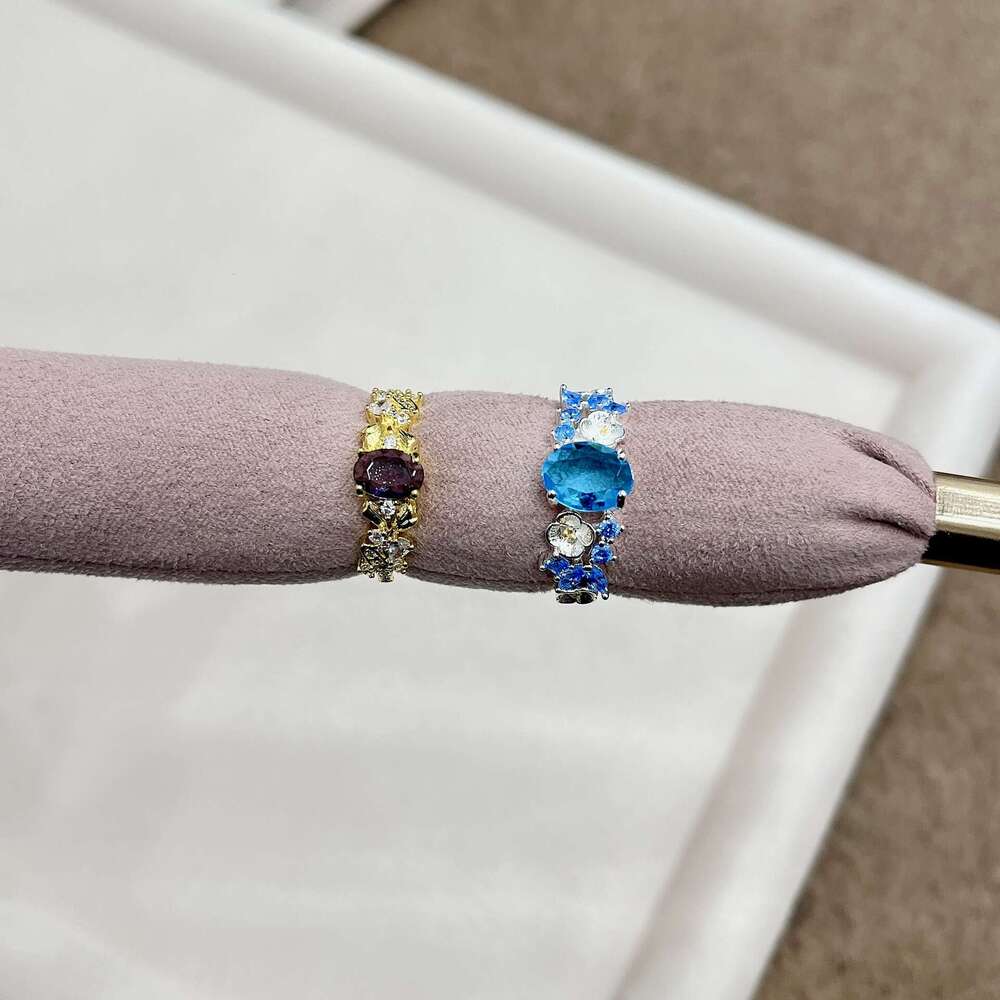 Flower Fairy Zircon Blue Embroidered Open Ring for Women Fashionable Elegant Versatile Light Luxury Micro Inlaid Sparkling High-end Feel b0b