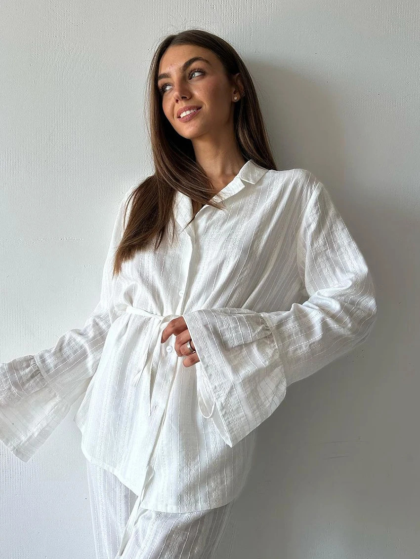 Marthaqiqiq Casual Women Nightgown 2 Piece Suit Long Sleeve Nightwear TurnDown Collar Sleepwear Pants Loose Home Clothes Ladies 250730