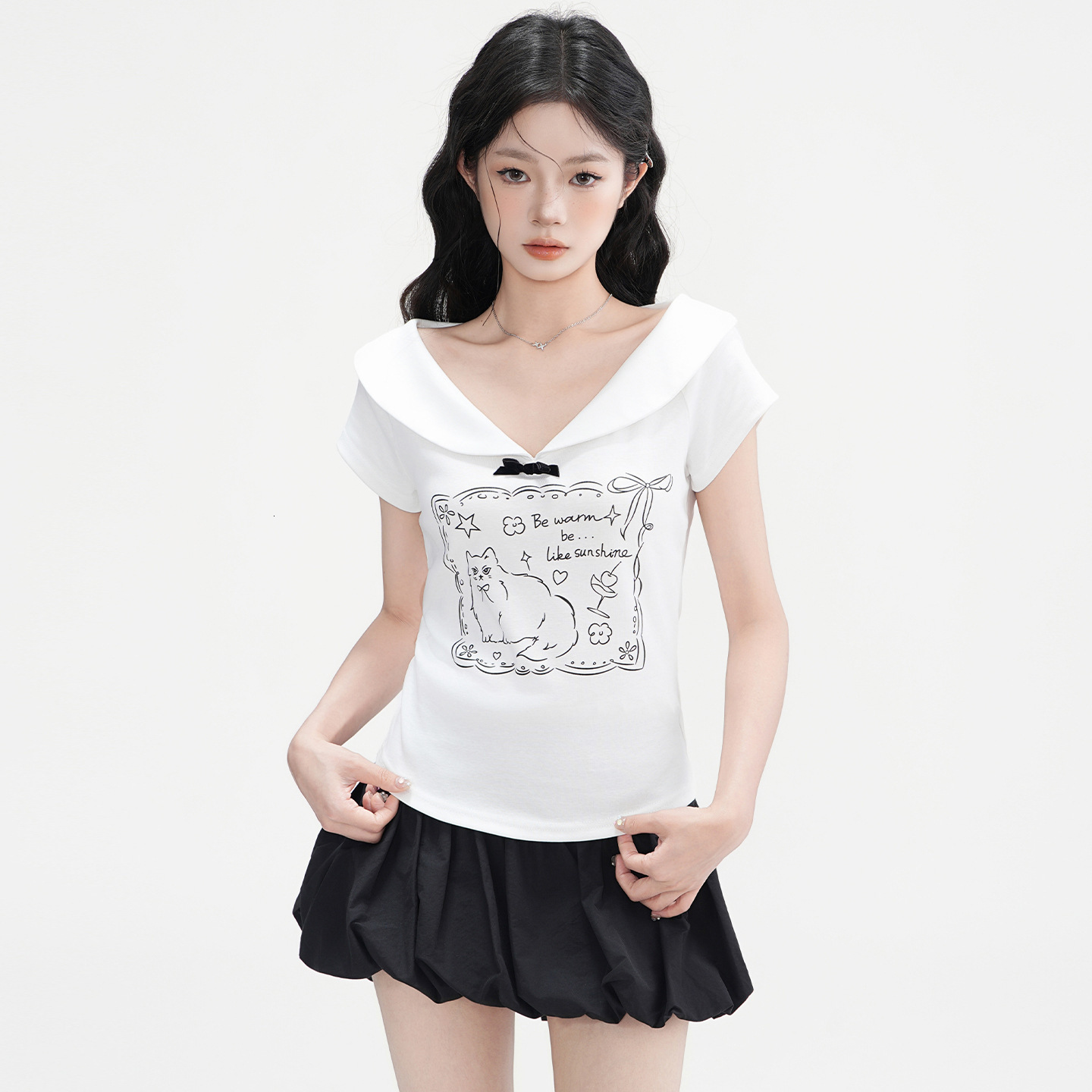 2025 Jiyou Korean style doll collar shoulder short sleeved women's summer new bow design top new designer T-shirt