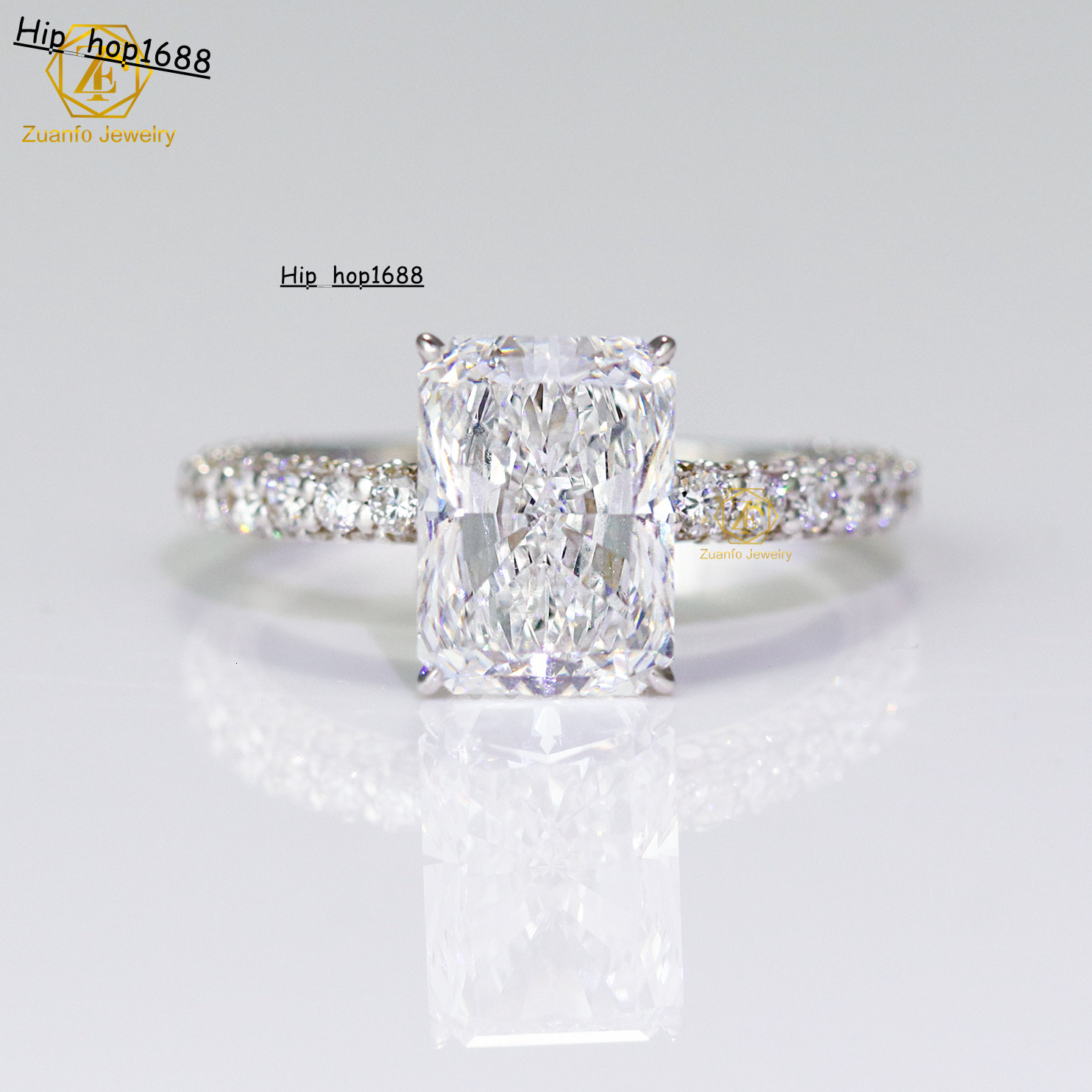 Luxury Design Women Moissanite Ring S925 14k 18k Real White Gold Ice Crushed Radiant VVS Moissanite Diamond Engagement Ring