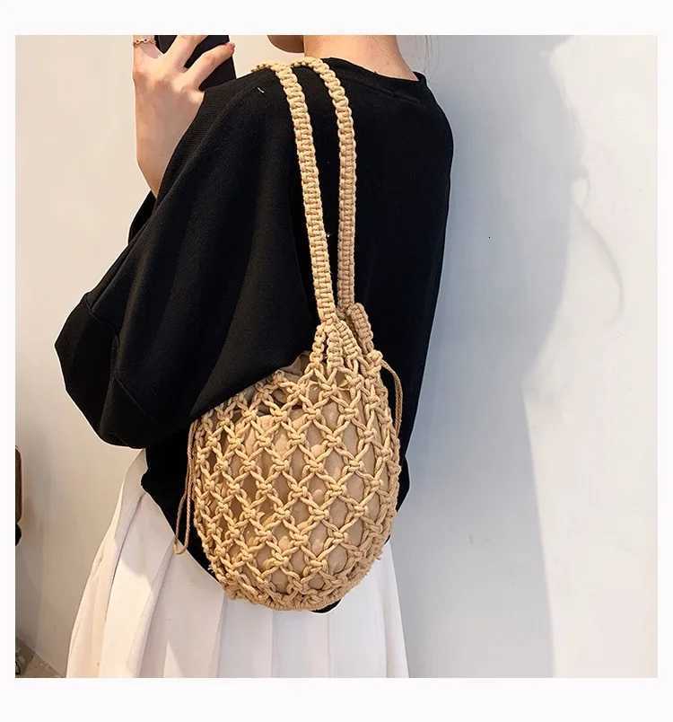 Summer Beach Bag For Women Mesh Rope Knitted Bucket Shoulder Bags Reticulate Hollow Travel Shopper Totes Ladies Fashion Handbag Y250729