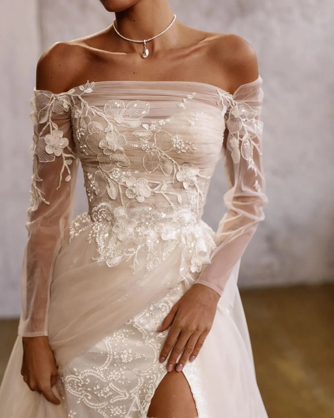 Off The Shoulder A Line Mermaid Wedding Lace Full Transparent Sleeve Bridal Gown High Split Tulle Dresses