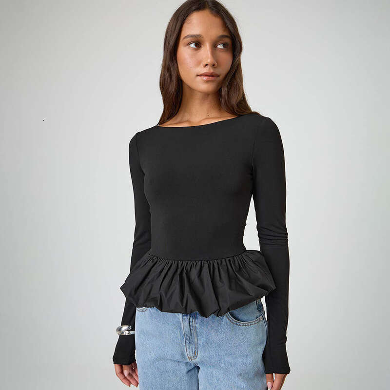 Ytp464 Women's Autumn New Solid Color Round Neck Patchwork Lace Sexy Long Sleeve Top B5