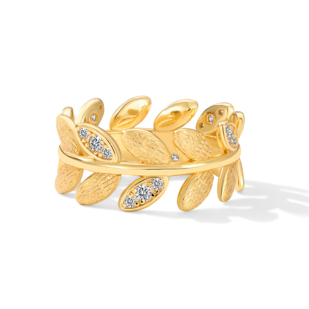 Women's 925 Silver Ring Plated with 18k Gold - Leaf Shape Design with Sparkling Cubic Zirconia Stones (Width: 9mm, Weight: 4.2g)