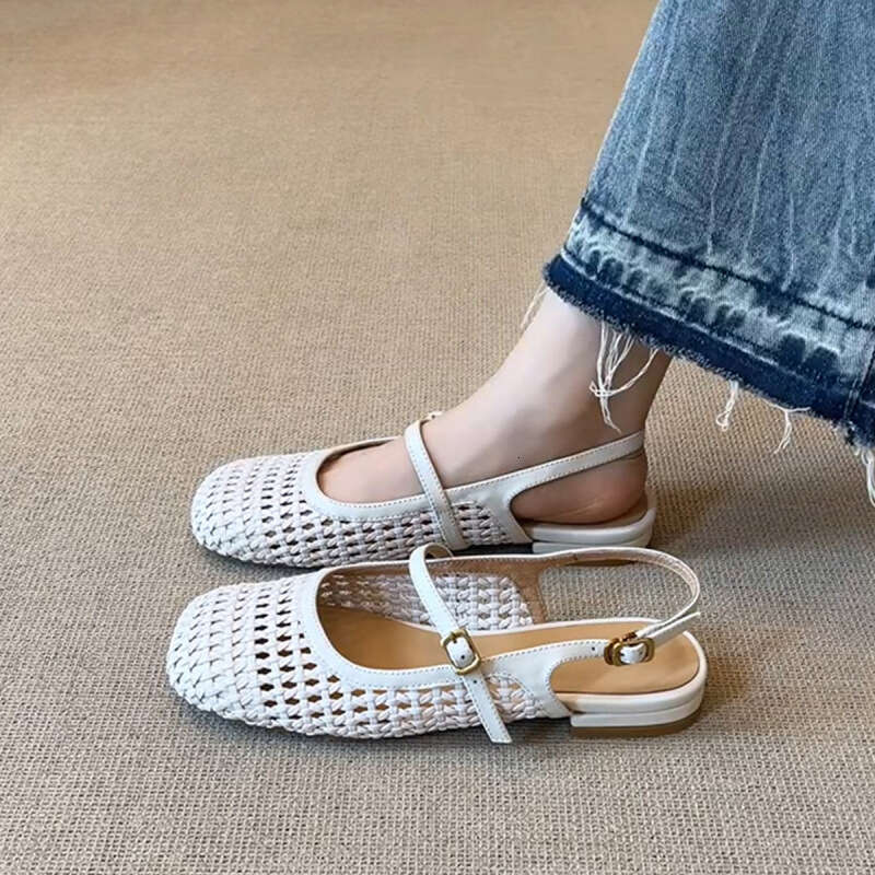 Sheepskin Fashion Woven Hollow Breathable Closed-Toe Sandals for Women Comfortable One-Strap Genuine Leather Square-Toe Roman Shoes