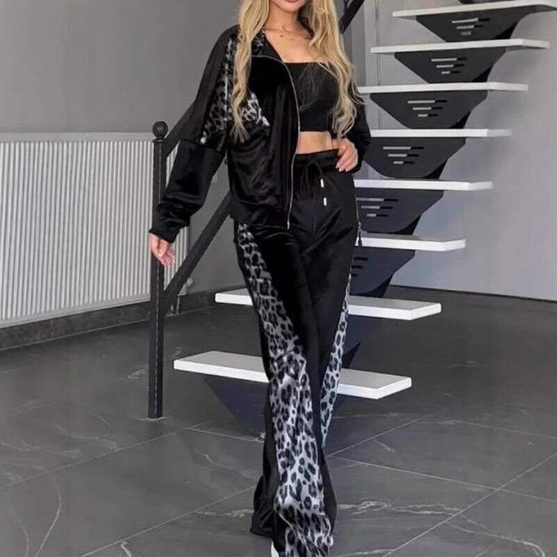 Women's Clothing Leopard Print Contrast Trousers Long Sleeved Home Clothes Suit