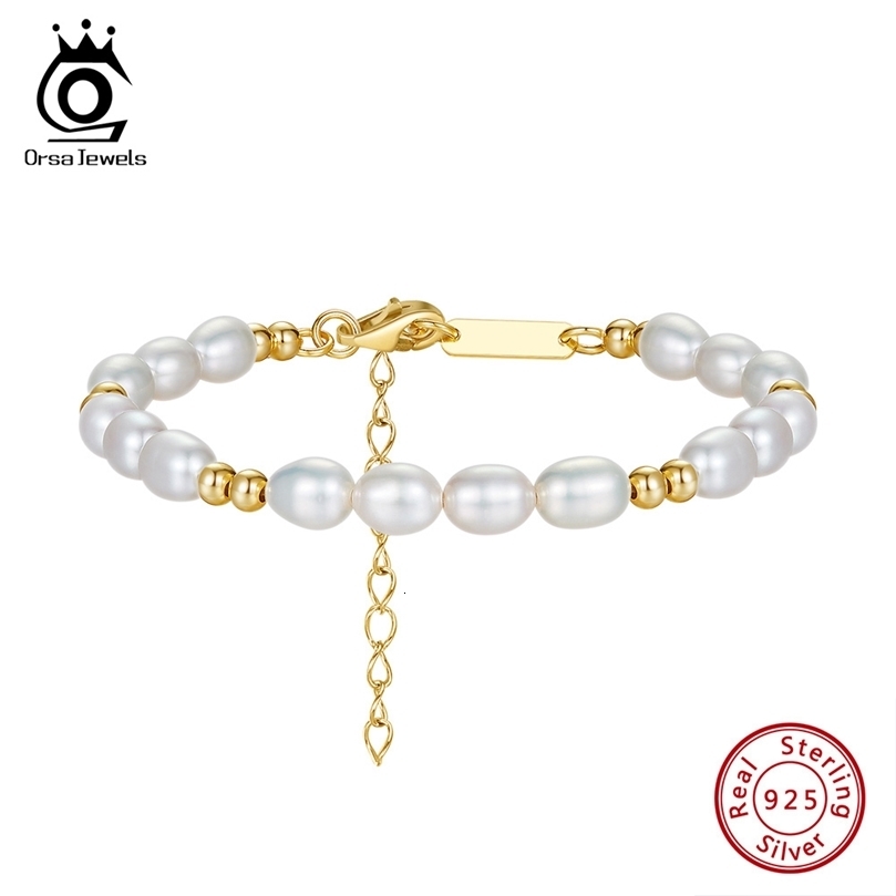ORSA JEWELS Elegant 14K Gold Beads Bracelet 925 Sterling Silver Freshwater Pearl Chain Bracelets for Women Party Jewelry GPB36 250730