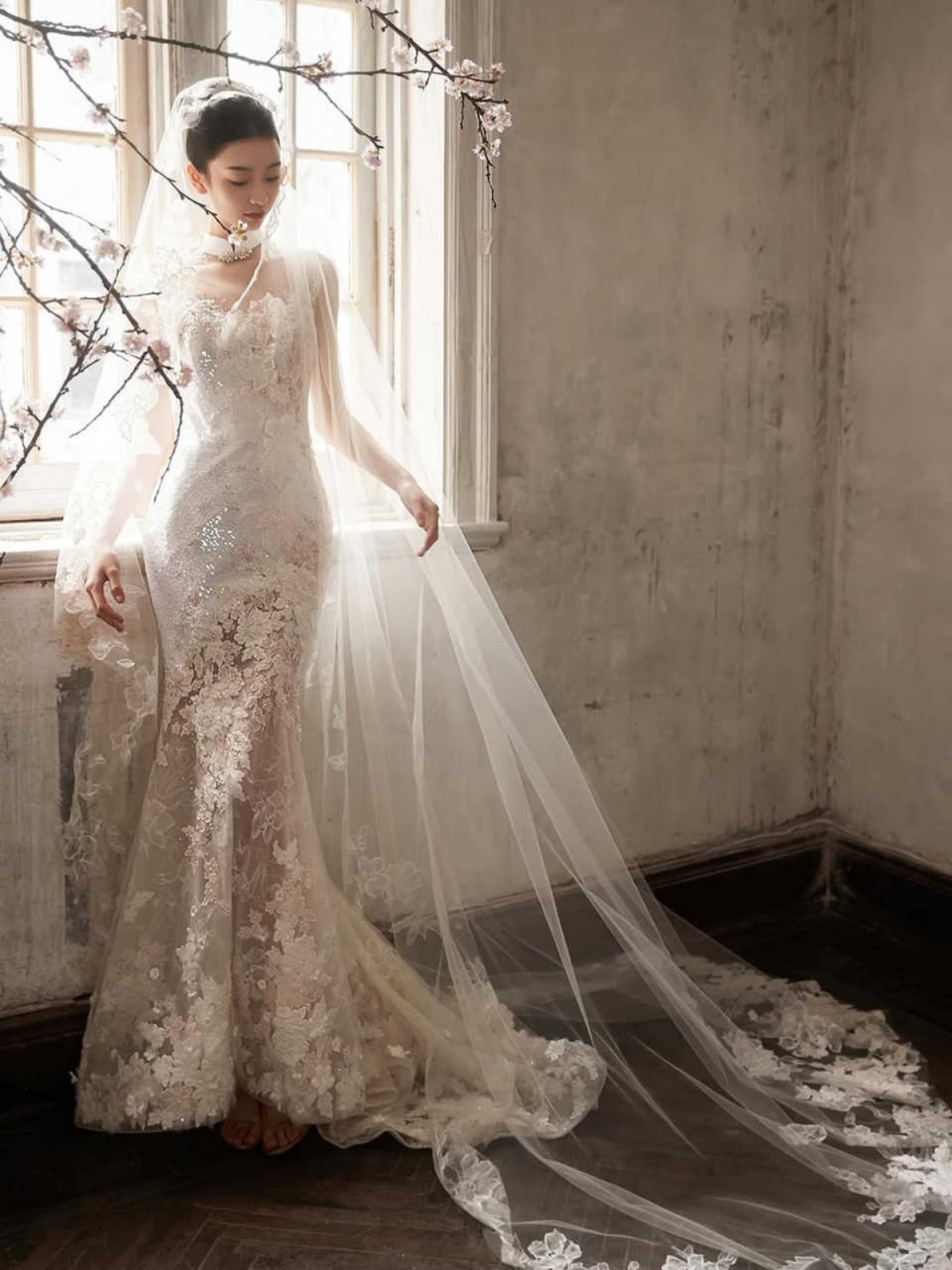 Tulle Lace Appliques Bridal Veil Long Cathedral One Layer Women Party Trailing Veil Wedding Accessories Customized