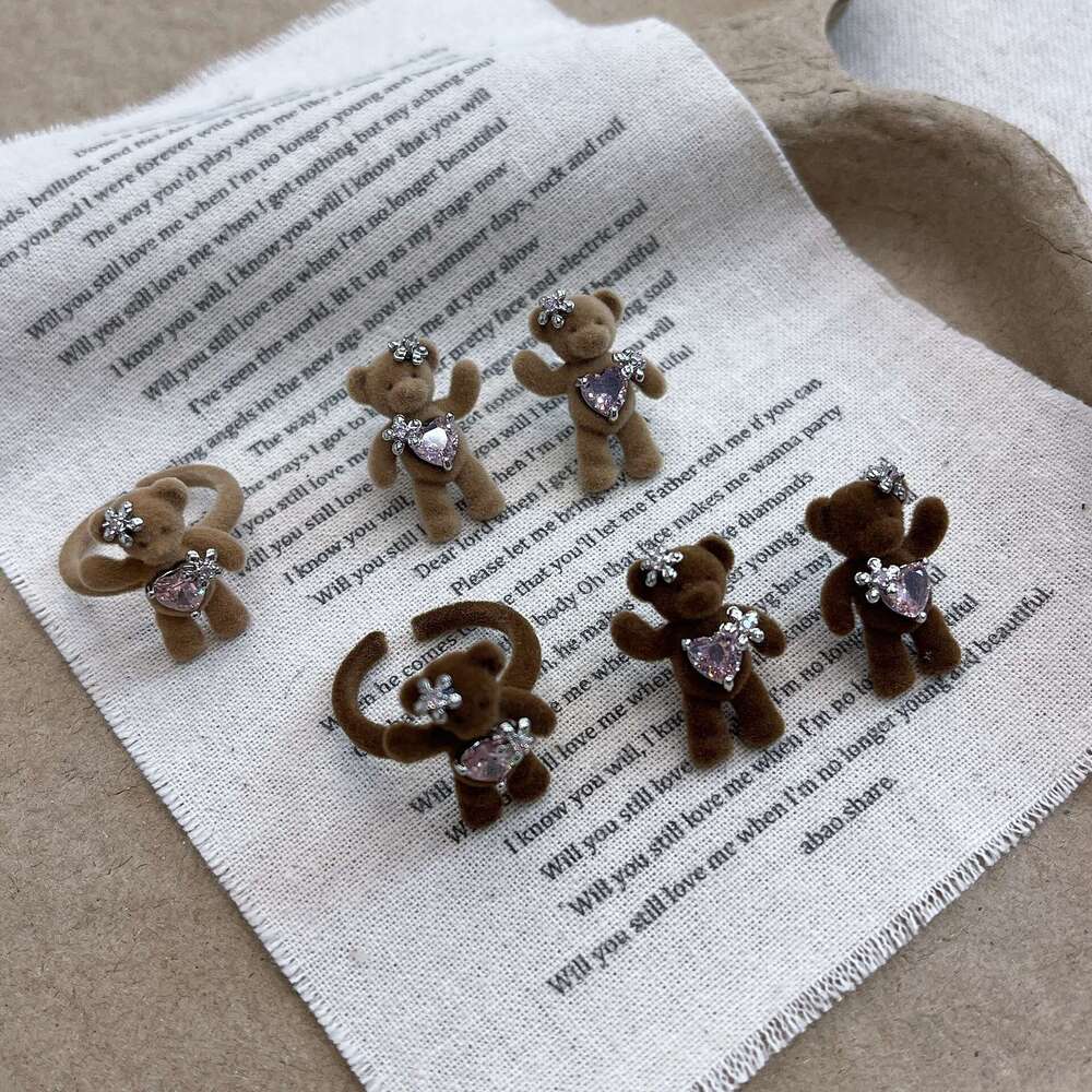 Autumn Winter New Flocked Flower Decoration Rhinestone Cute Girly Earrings Stud Fashionable Bear Heart Ring 153