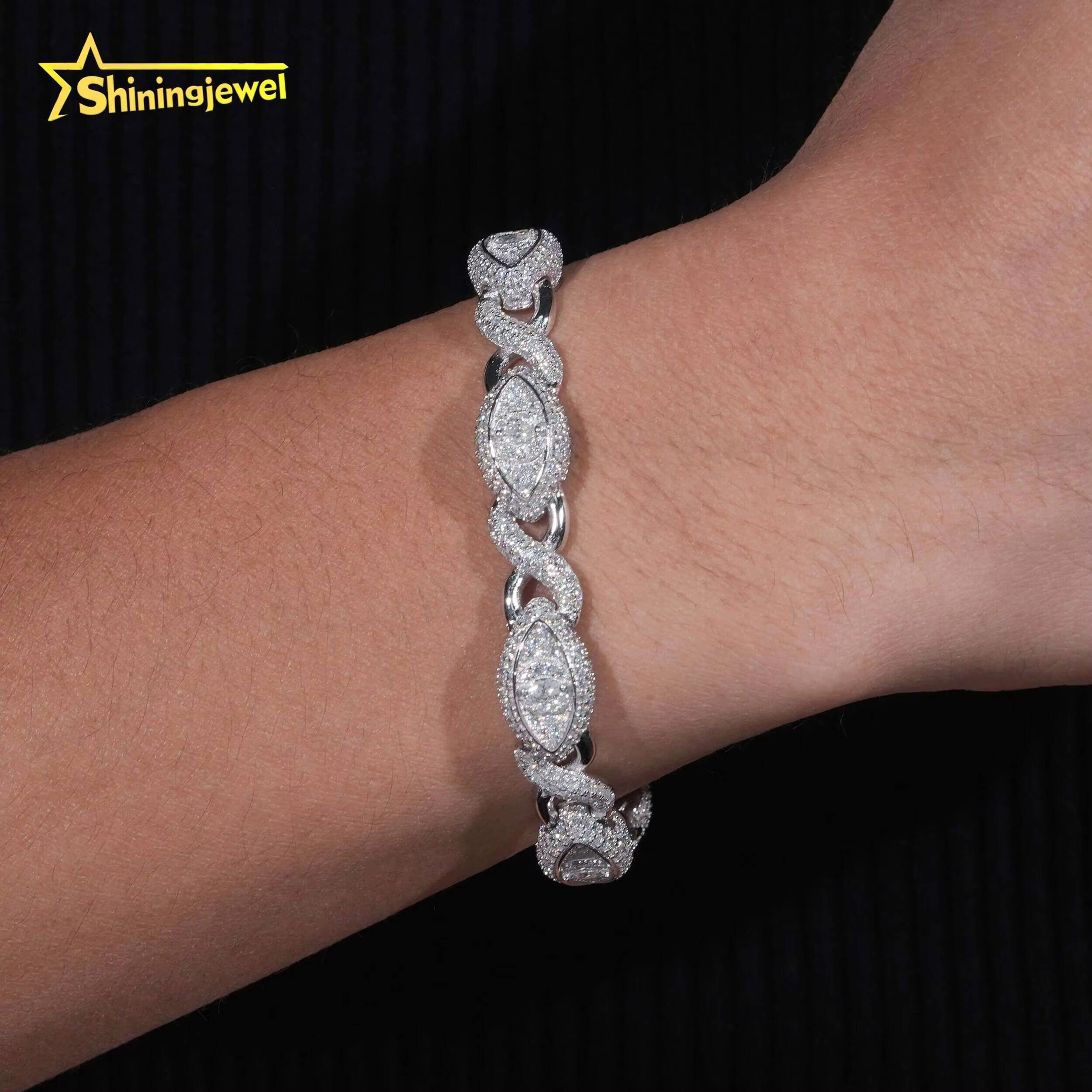 925 Silver Moissanite Cuff Bracelet for Unisex Fashion Diamond Cut Cuban Chain Iced Out Silver Hip Hop Jewelry