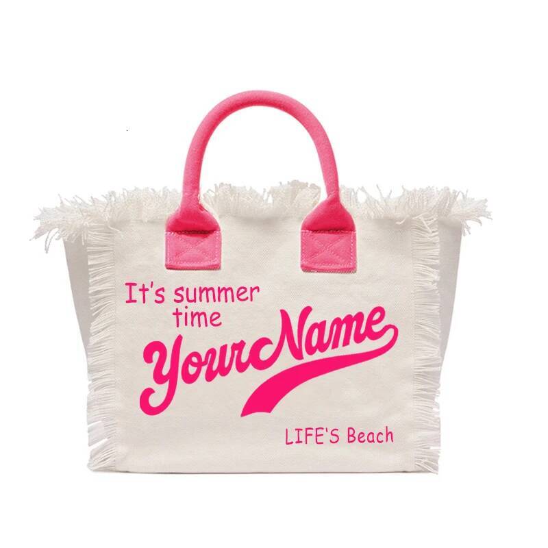 Summer American Style Customizable Printing Name Women's Tassel Handbag Letters Canvas Tote Medium Size Bag Wedding Gift