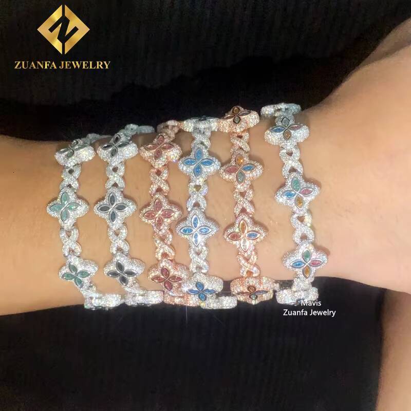 Iced Out Hip Hop 15MM 925 Sterling Silver Infinity Colored Moissanite Clover Bracelet Custom Cuban Link Bracelets for Men