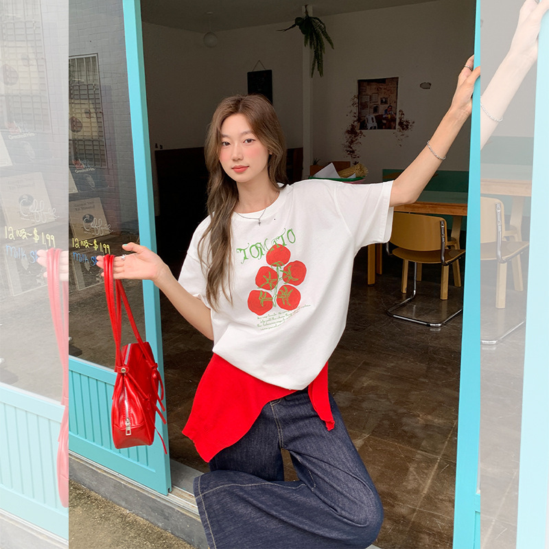 2025 Korean style white tomato short sleeved women's T-shirt summer new design sense niche casual top new designer T-shirt