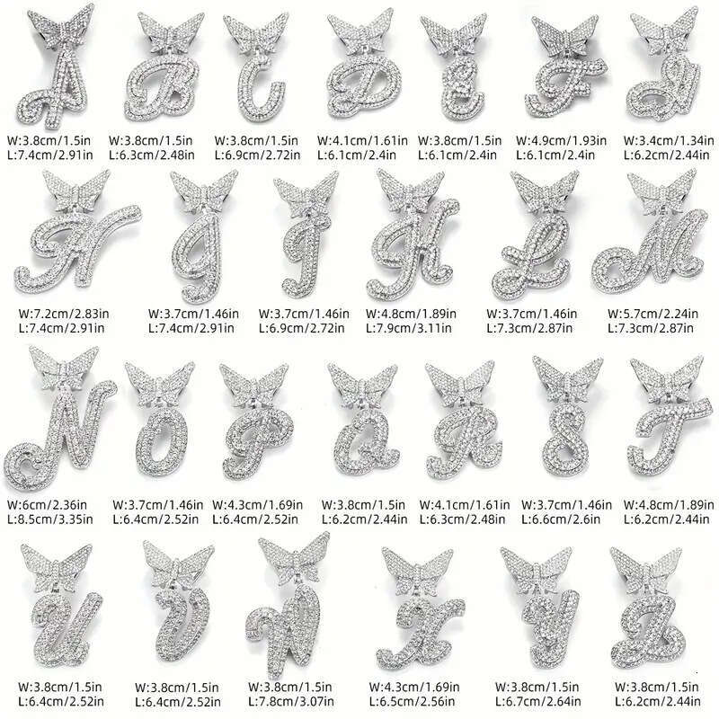 26 Alphabet Alloy Rhinestone Necklace Butterfly Clasp Full Dia Hip Hop Pendant