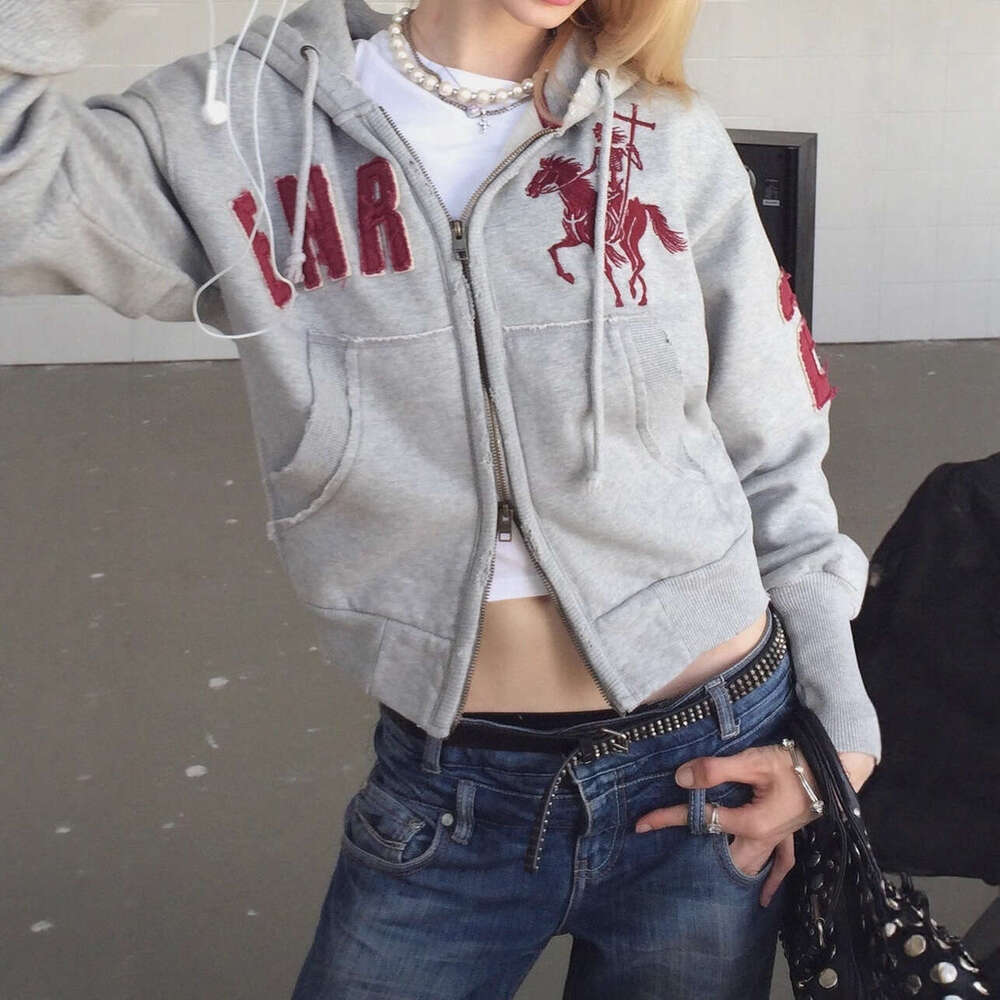 New Ins Style Loose Zipper Cardigan Trendy Fashion Personality Knight Letter 3D Print Pocket Hooded Sweatshirt