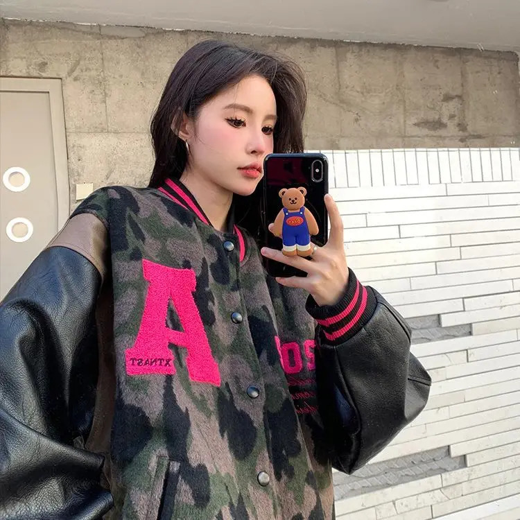 Camouflage Student Loose American Retro Baseball Jacket ed Letter n Vintage for Girls 250730