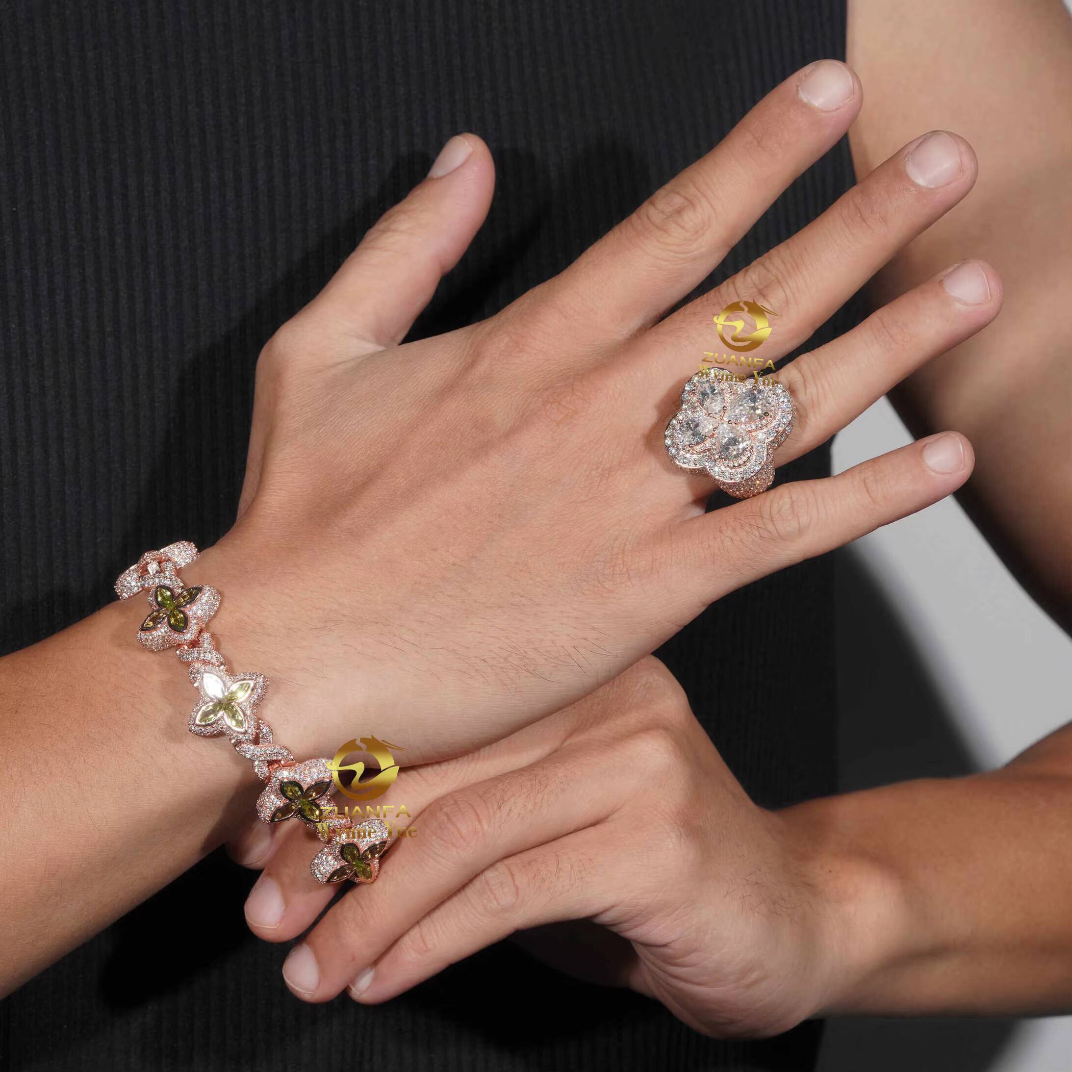 Hot Selling 925 Sterling Silver Marquise Flower Design Hip Hop Jewelry Iced Out Moissanite Infinity Clover Ring Bracelet Men