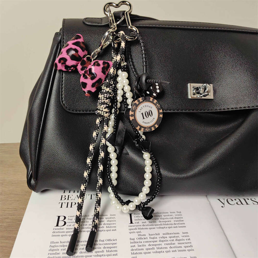 Sweet Cool Rose Pink Leopard Print Bow Keychain Chip Pearl Chain Pendant Women's Bag Charm