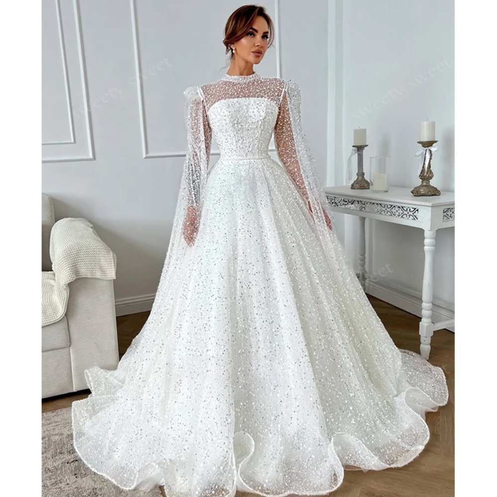 Luxurious Wedding Dresses Fully Beaded A-Line Ball Gown High-Neck Full Sleeve Customized Bridal Gowns Vestido De Novia Button Shawl