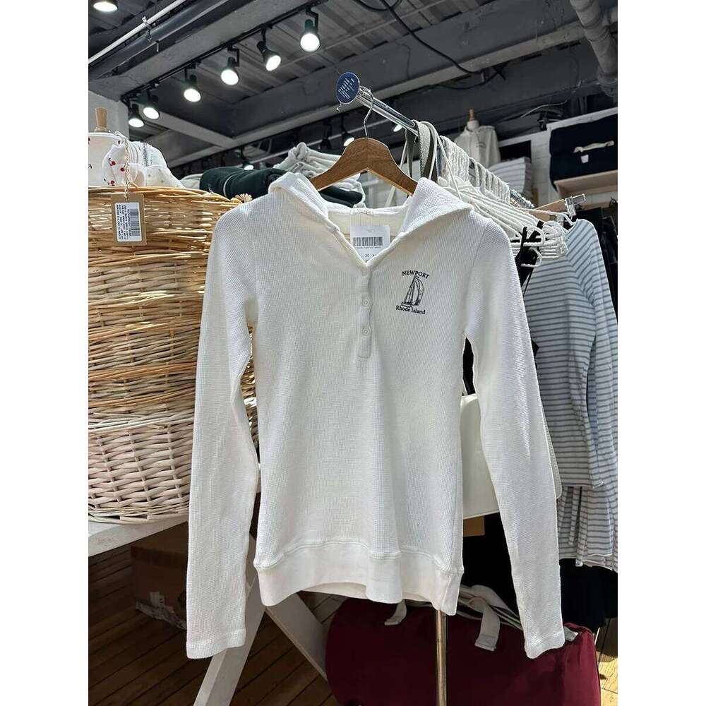 Letter Print Waffle Hooded T-shirt Women Spring New Buttons Long Sleeve Slim Tee Shirts Vintage Chic Preppy Style Tops Y2k