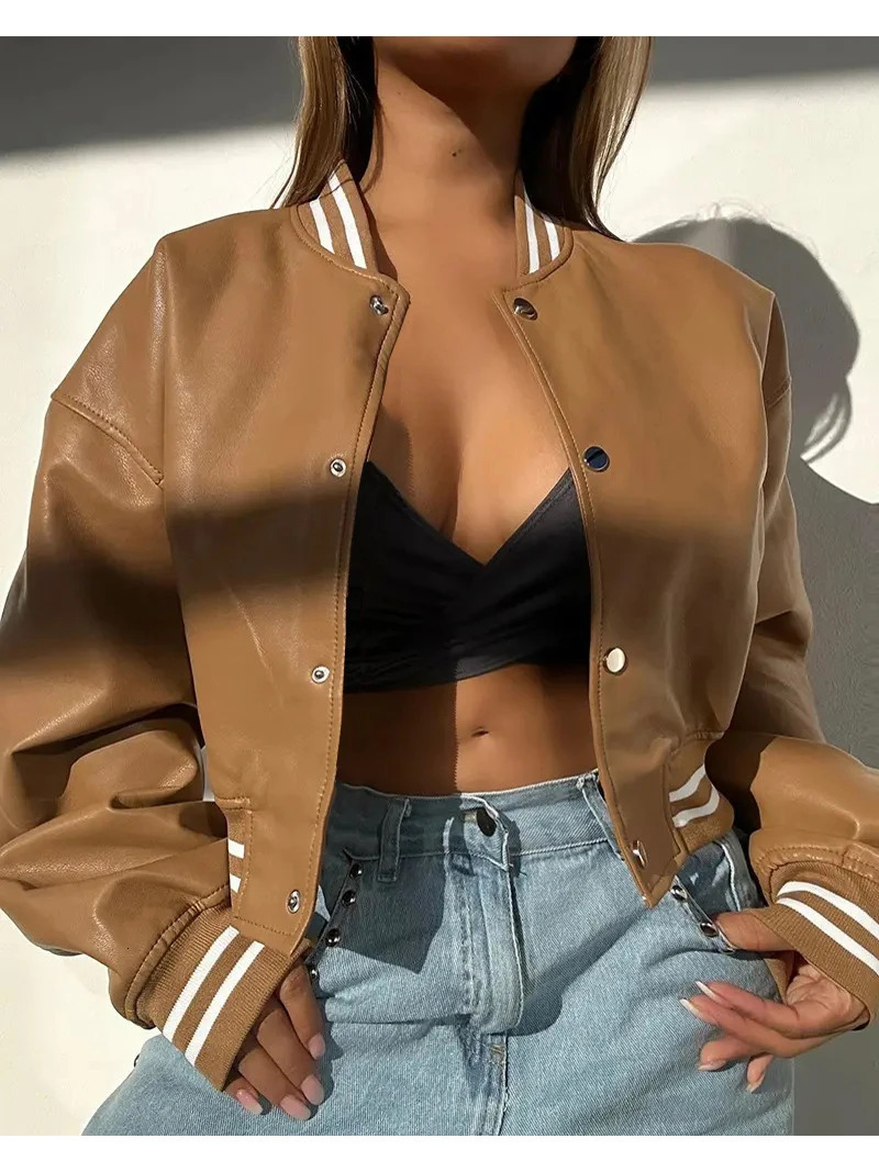 Autumn Women Striped Baseball Single Breasted Jackets Fall Winter Long Sleeve Coats 2YK Motorcycle Girls PU Leather Outerwear 250730