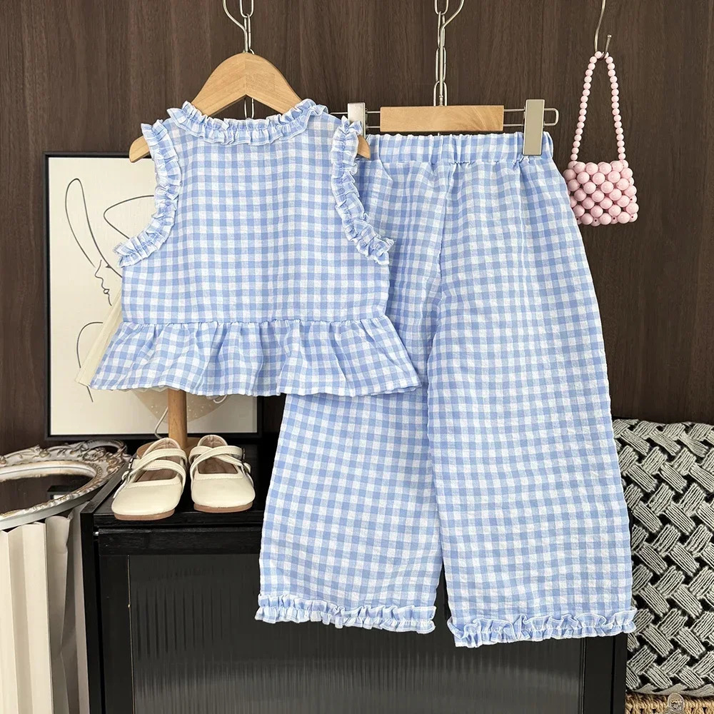 Blue and White Grid Fresh Casual Girls Clothing Lace Sleeveless Single Breasted Vestwide Leg Pants Two-piece Set for Summer 250729