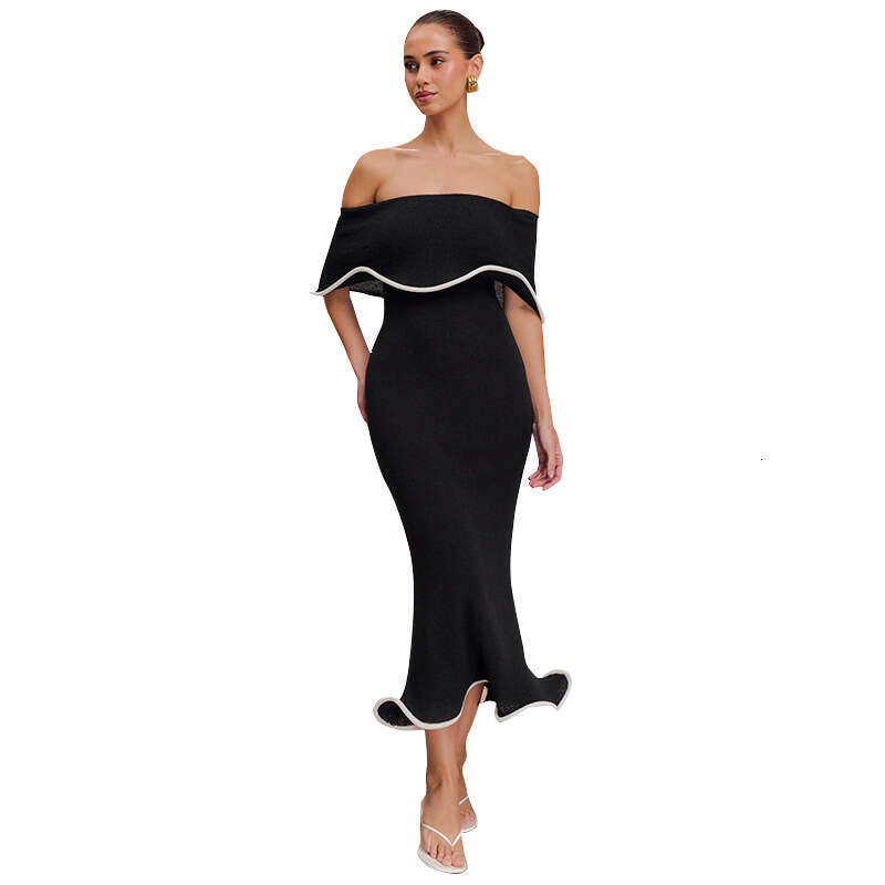 Fds395 Women's Spring Summer Off-Shoulder Color-Block Waist-Cinching Ruffle Strapless Dress B5