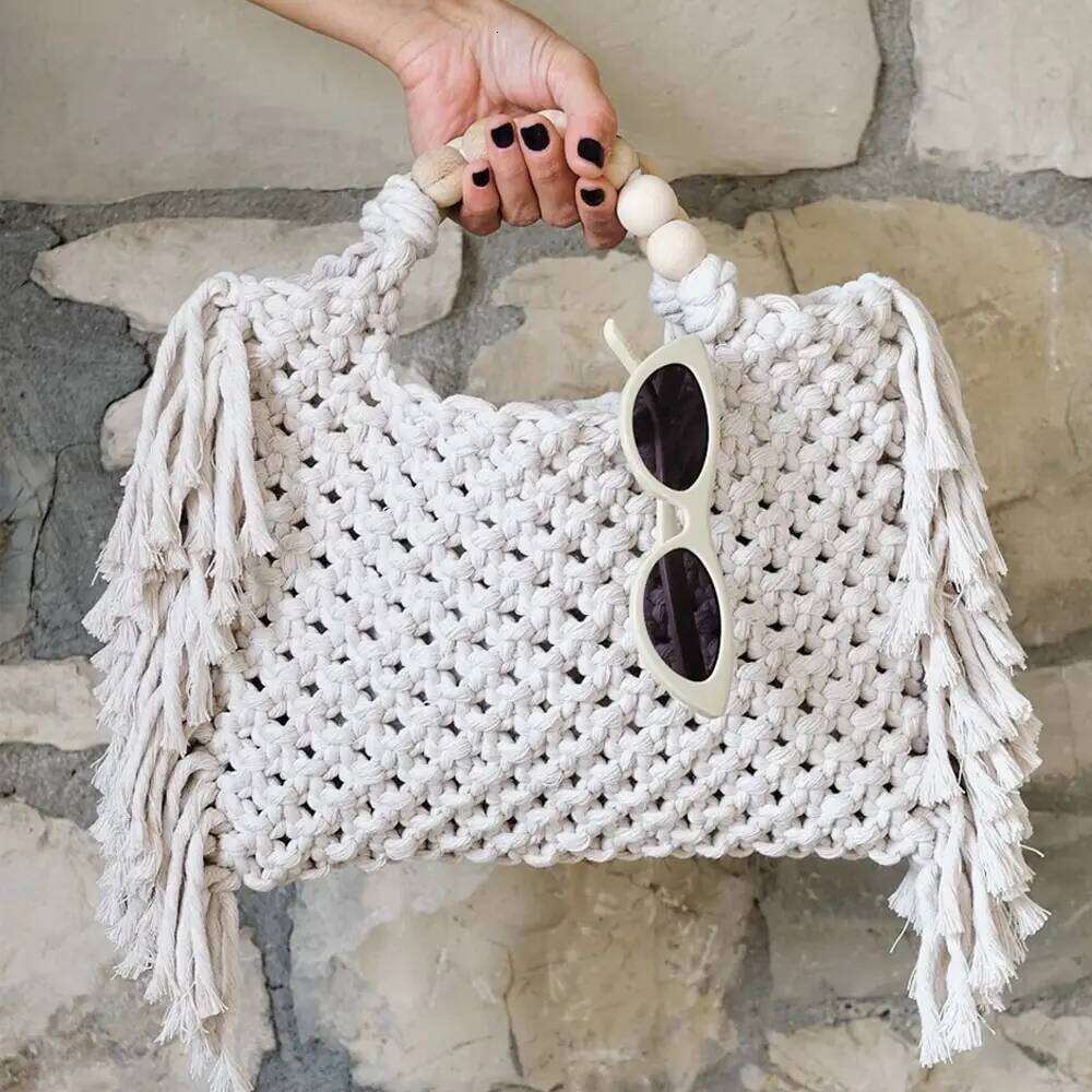 Female Tote Bags Large Capacity Designer Handbag For Women 2024 Knitting Tassel Beading Decorate Purse Ladies Beach Bag