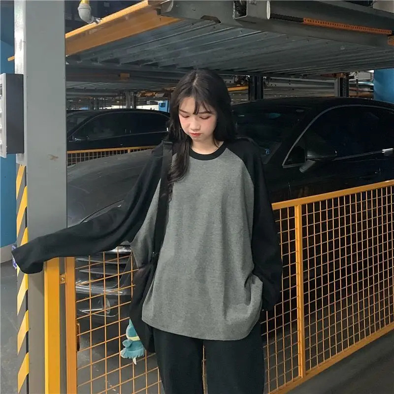 Female Tshirt Gray O Neck Contrast Color Long Sleeve T Shirt Loose Autumn Tee Tops for Women Patchwork Shirts w250729