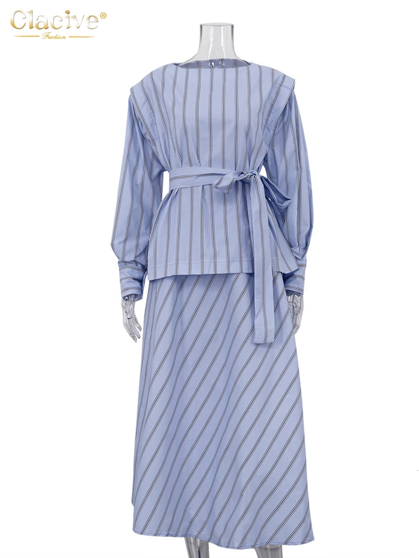 Clacive Fashion Loose Stripe Print 2 Piece Sets Women Outfit Elegant Long Sleeve Shirt With High Waist Ankle Length Skirt Set 250730