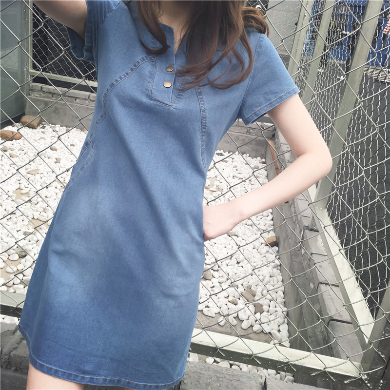 LL11290 Korean style summer casual mid-length slim fit plus size women's denim dress
