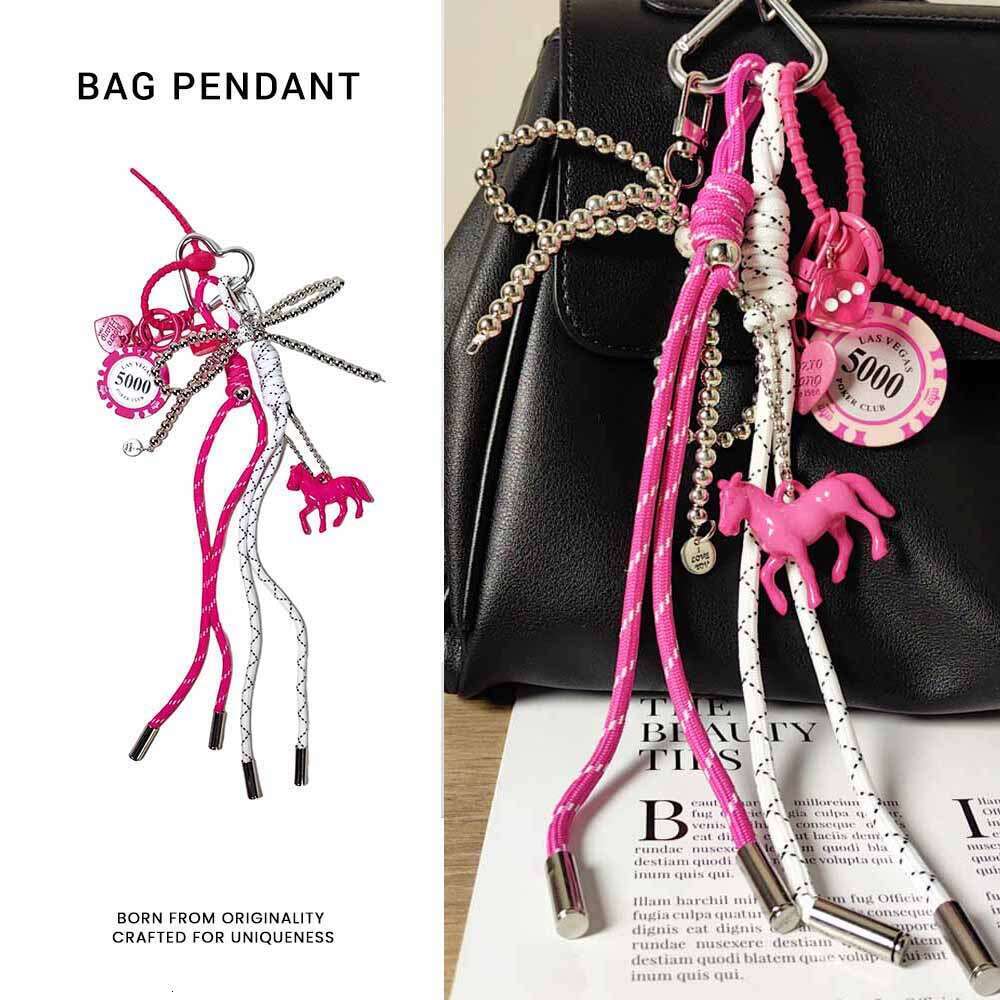 Y2K Rose Pink Chip Silver Bow Chain Keychain Women's Bag Pendant