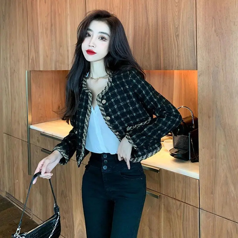 Vintage Cropped Tweed Jacket Women Blazer Korean Chic Singlebreasted Long Sleeve Plaid Coat Spring Autumn Suit Outerwear 250730