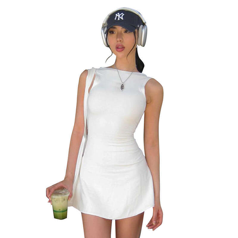 Kds030 Women's Summer New Solid Color Round Neck Sleeveless Backless Ruffle Casual Bodycon Dress B5