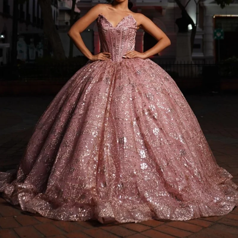 Pink Shiny Princess Ball Gown Quinceanera Dresses Sequin Lace Appliques Beads Tull Corset Sweet 16 Dress Vestidos De 15 Anos