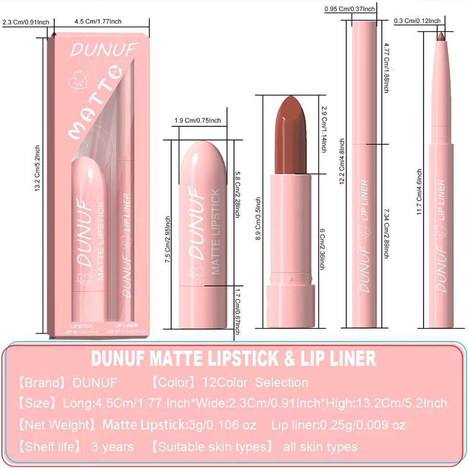 Waterproof Matte Lip Liner and Lipstick Set - Red Brown Contours Long-Lasting Non-Sticky Hydrating Lip Makeup G250729