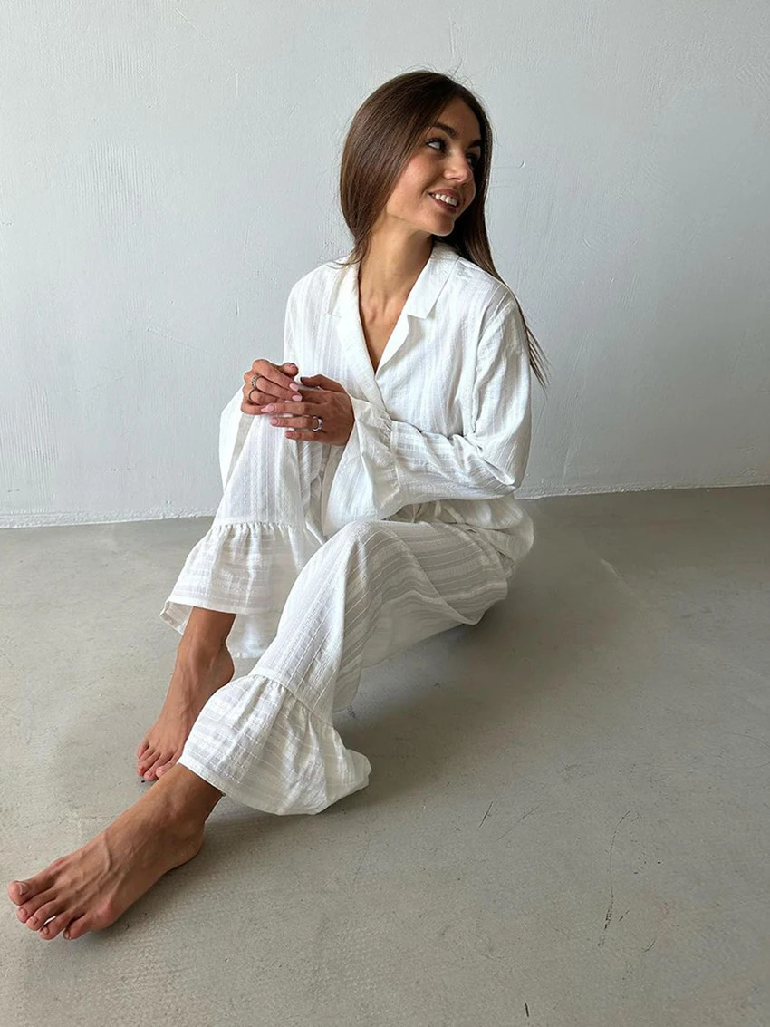 Marthaqiqiq Casual Women Nightgown 2 Piece Suit Long Sleeve Nightwear TurnDown Collar Sleepwear Pants Loose Home Clothes Ladies 250730