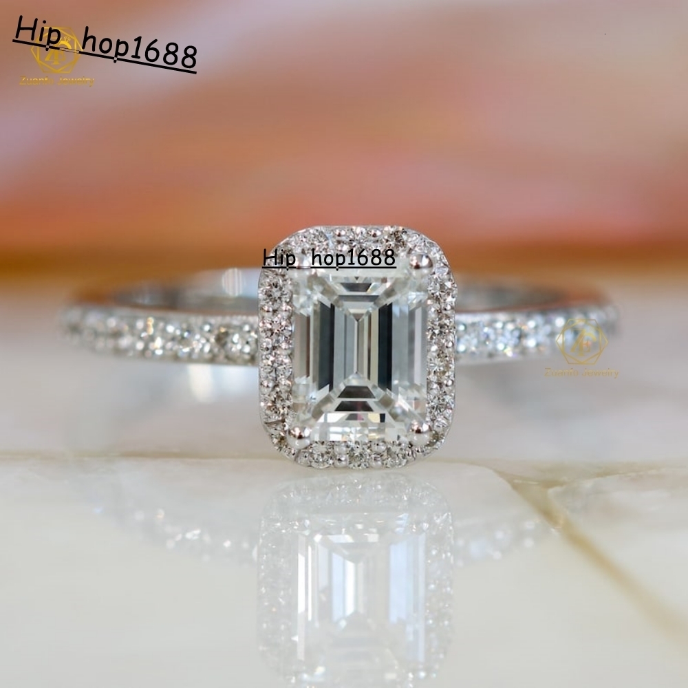 Fine Jewelry Custom Real 14k 18k Solid Gold Halo Emerald Shape Lab Grown Diamond Engagement Band Ring