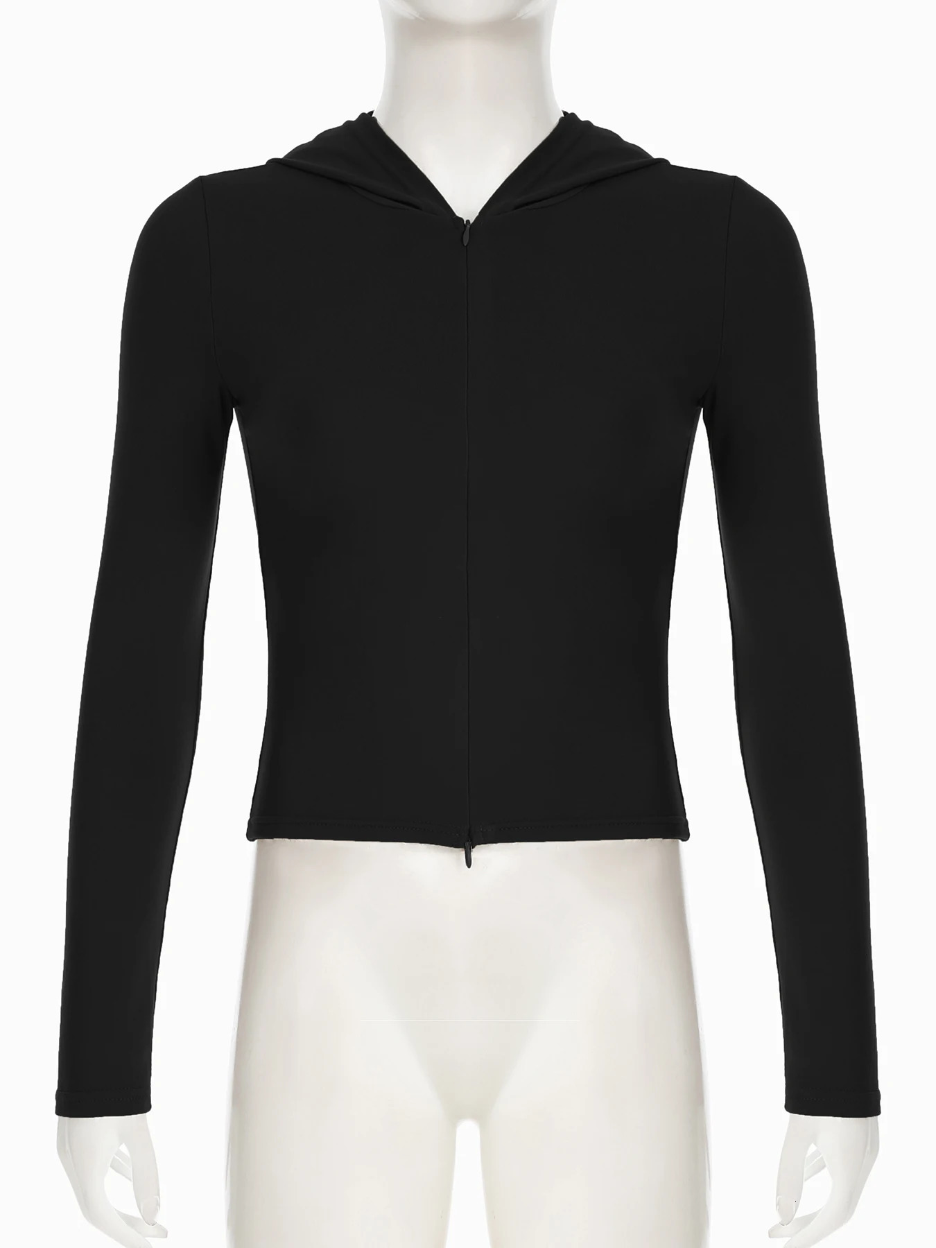 iamsure Basic Solid Hooded Zipper Cropped T Shirt Slim Deep VNeck Long Sleeve Tees Women Autumn Winter Fashion Streetwear 250729