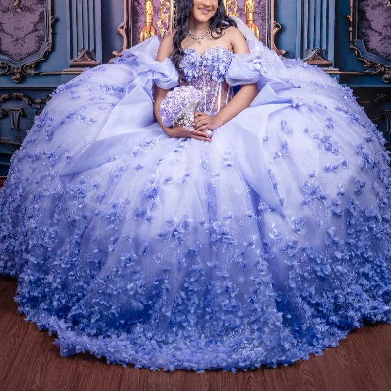 Blue Shiny Quinceanera Dresses Off The Shoulder Applique Flower Beading Crystal Tulle Vestidos De 15 Anos Sweet 16 Dress