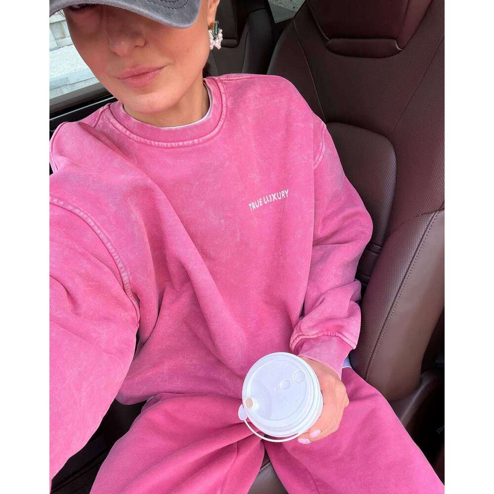 25 Autumn Winter New Pure Cotton Printed Vintage Top + Pants Simple Letter Loose Knitted Sweatshirt Set B5