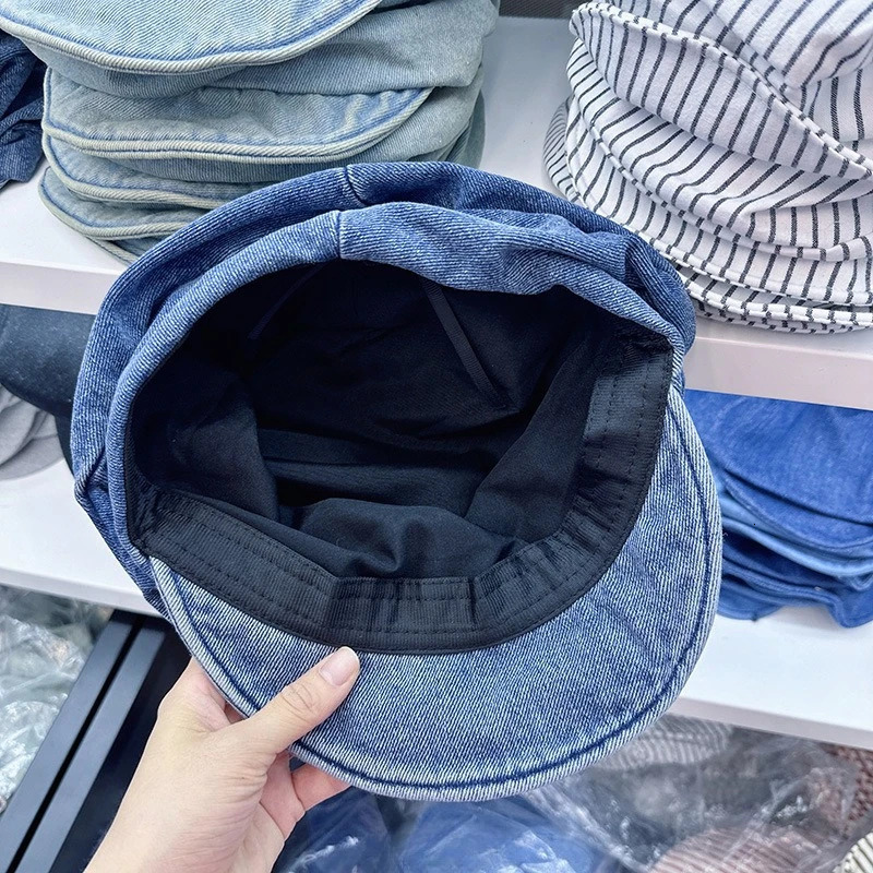 Retro Simple Big Head Short Brim Denim Berets Woman Face Small Fashion Spring Autumn Summer Octagonal Cloud Painter Hat 250729