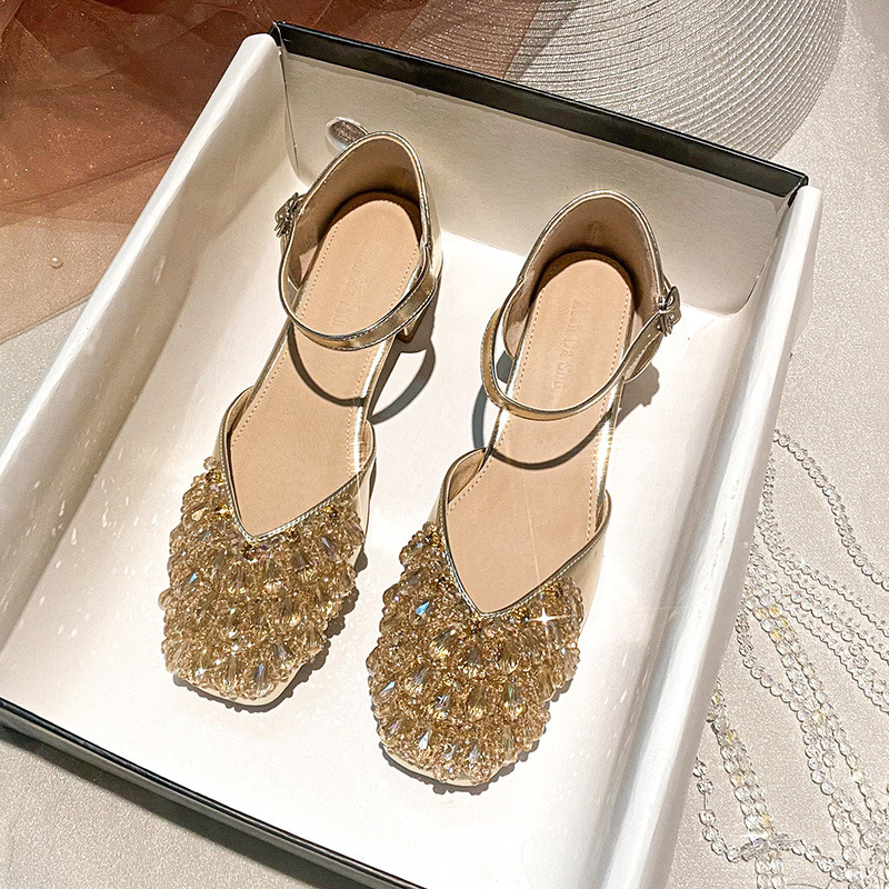 Summer New Women's High Heels Thick Heels Middle Heels French Water Diamond Hollow Sandals Women's Single Shoes New Fairy Style Designer Hig