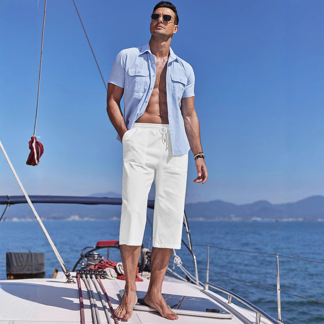 Men's sports mid-waist drawstring solid color beach cropped pants lightweight casual pants